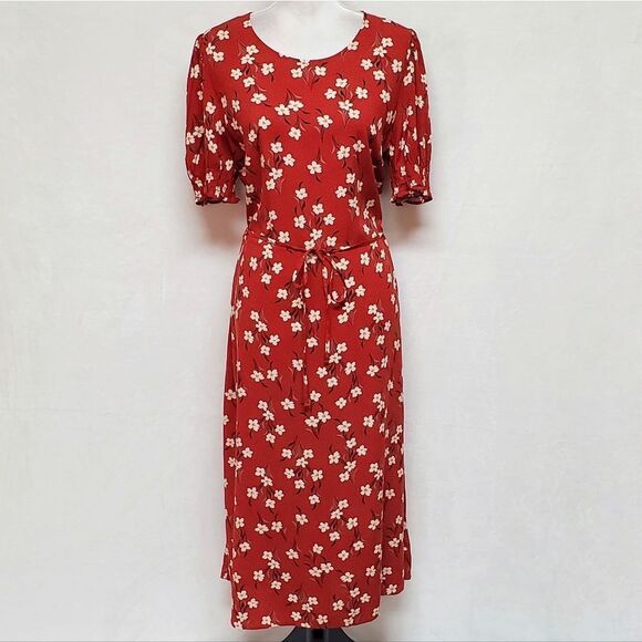 VINTAGE Red White Floral Boho Smocked Sleeve Keyhole Belted Maxi Dress Large - Picture 12 of 12